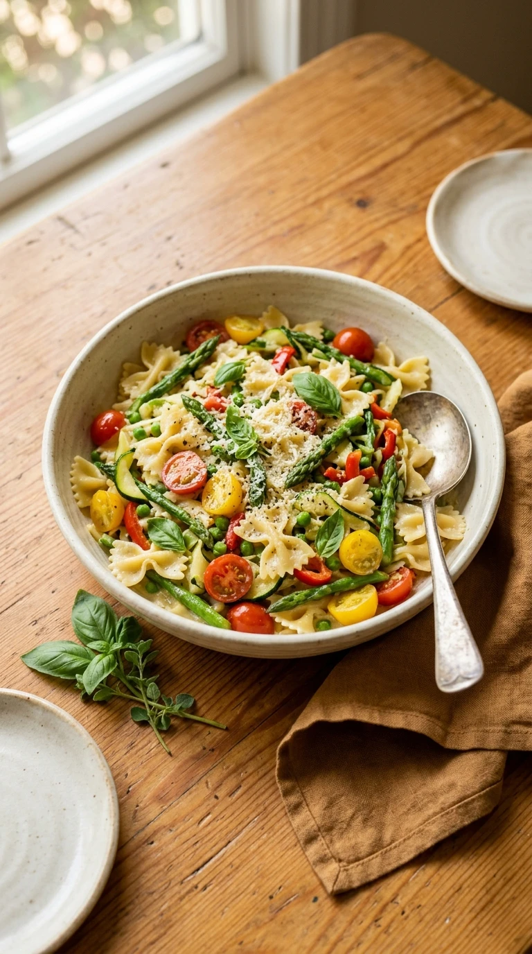 cozy summer pasta primavera ready to serve