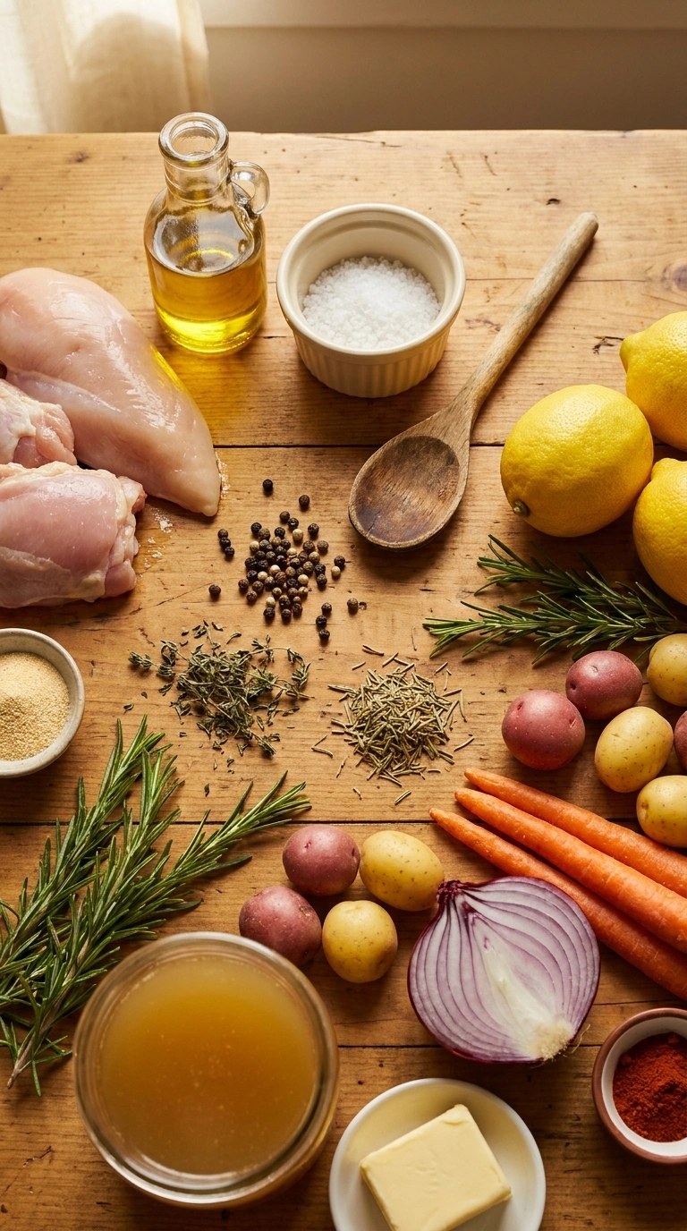 Ingredients for cozy roast chicken dinner