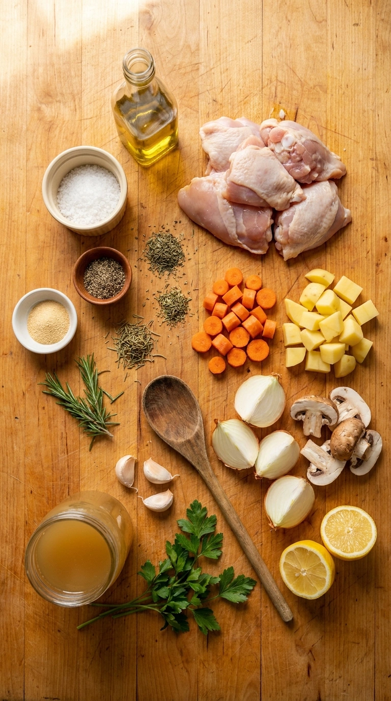 Ingredients for cozy roast chicken vegetables