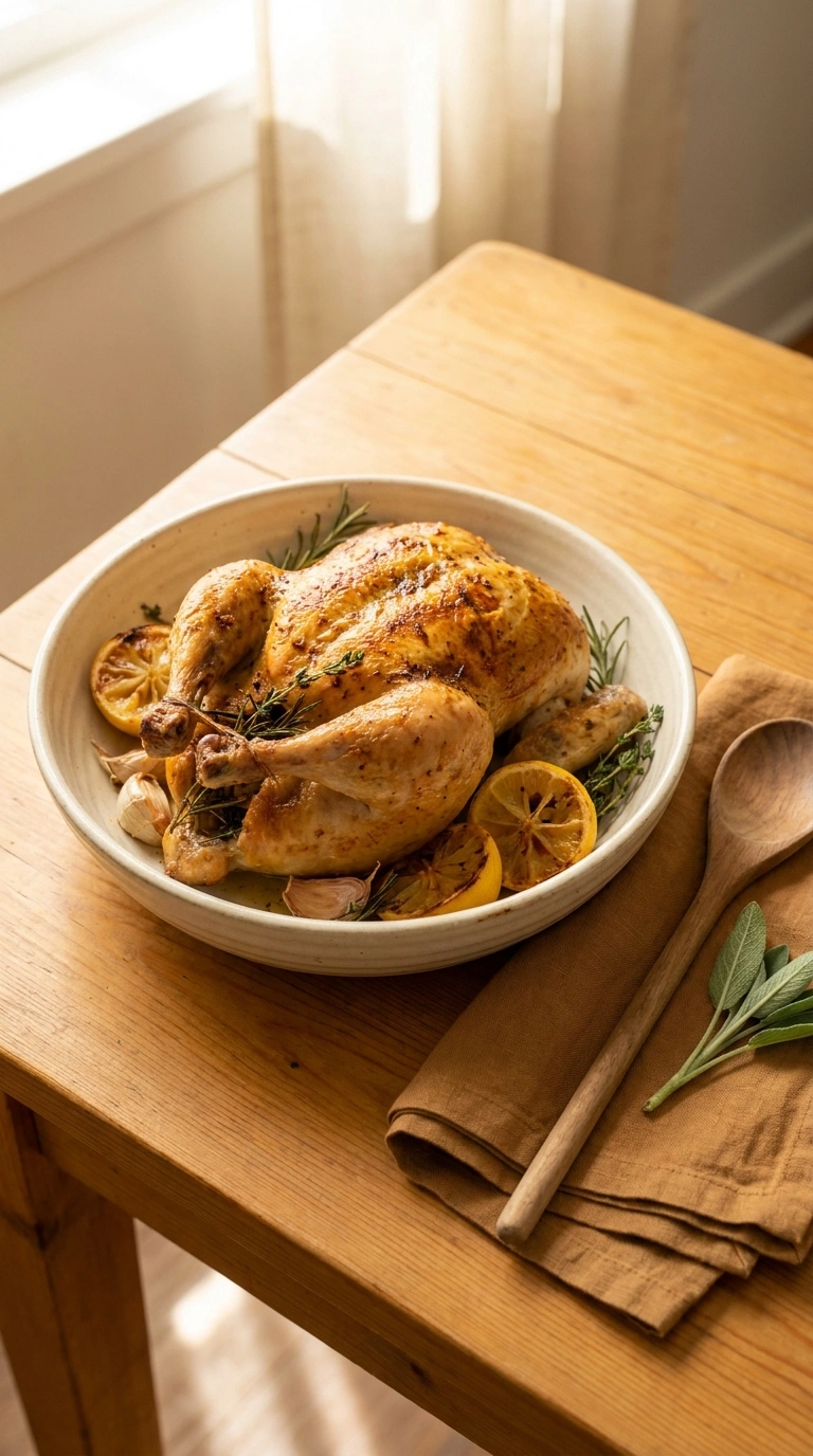 cozy lemon roast chicken ready to serve