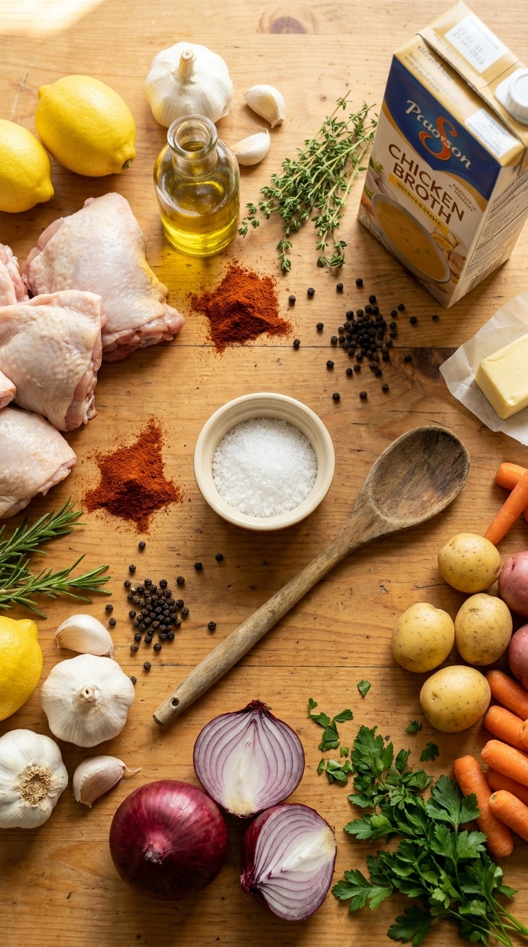 Ingredients for cozy lemon roast chicken