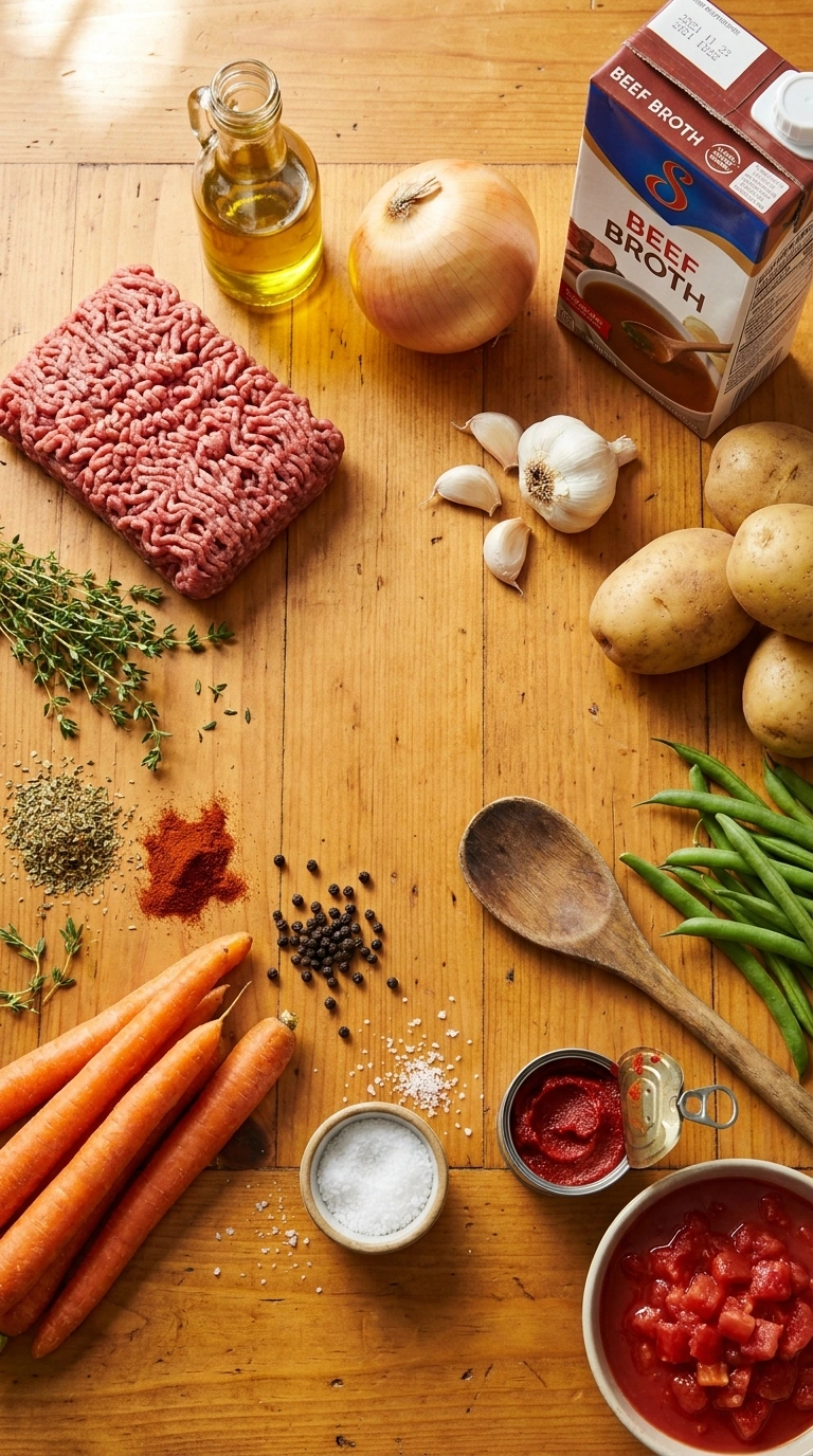 Ingredients for cozy ground beef skillet