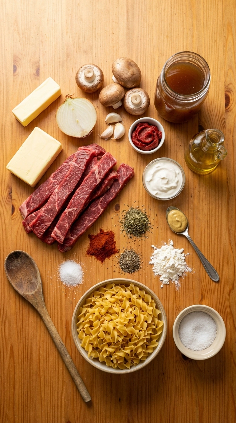 Ingredients for cozy beef stroganoff weeknight