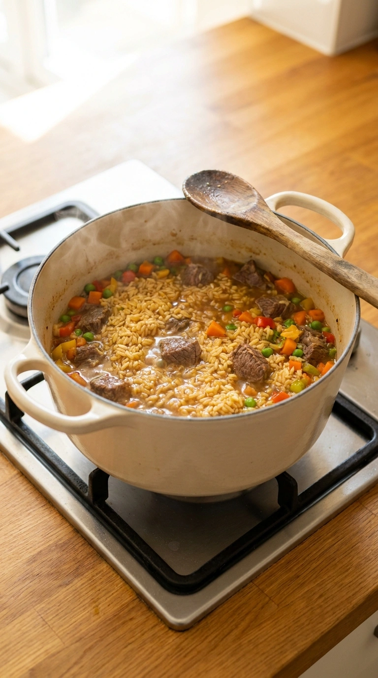 Cooking instructions for cozy beef and rice skillet