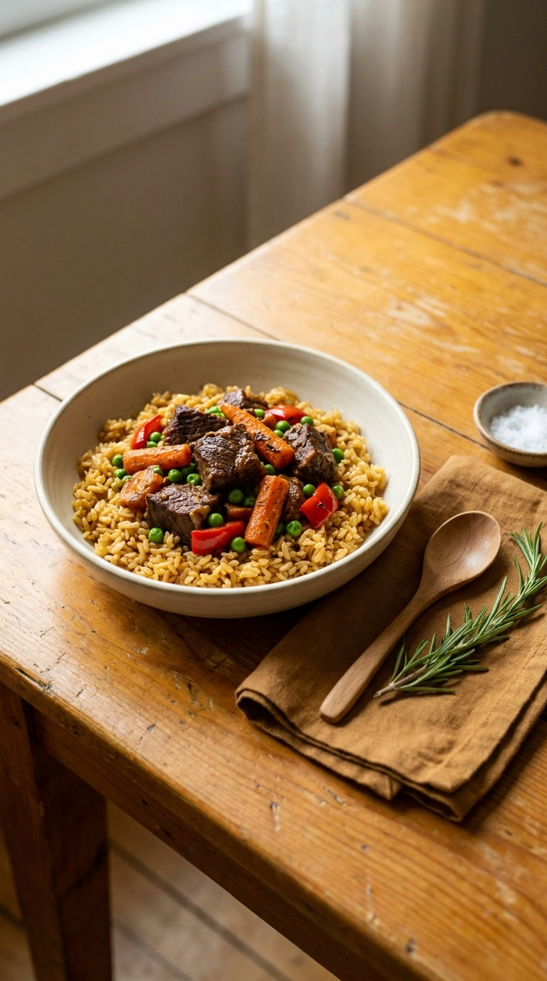 cozy beef and rice skillet ready to serve