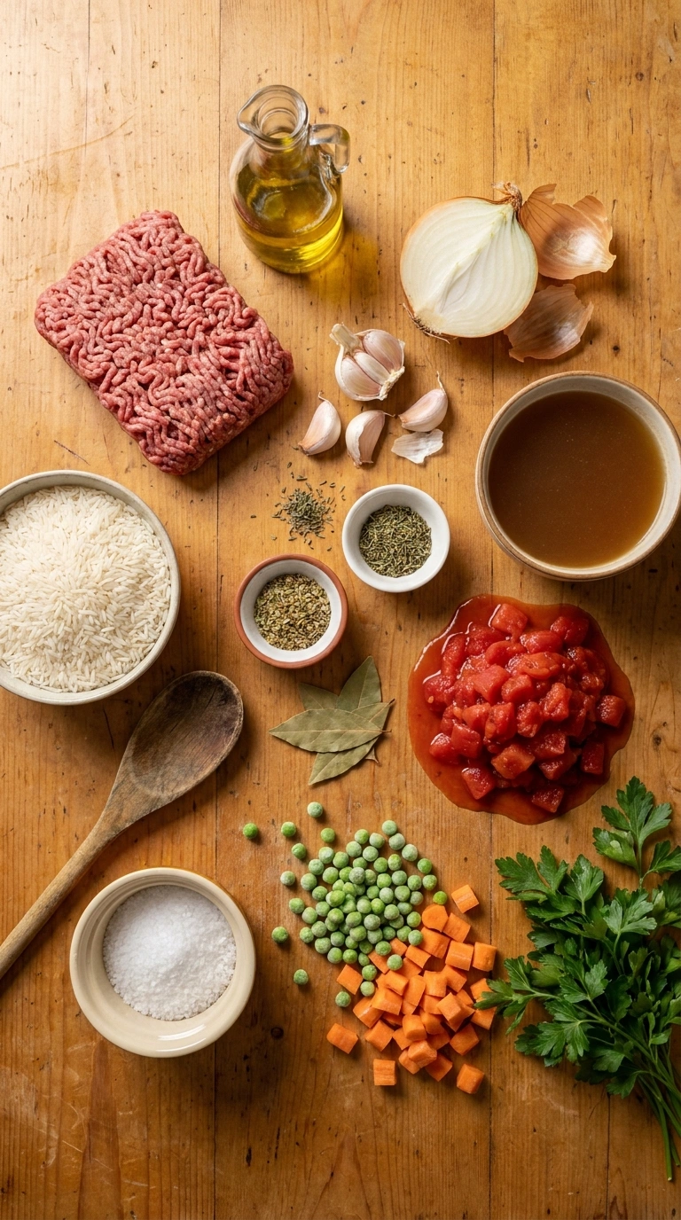 Ingredients for cozy beef and rice skillet