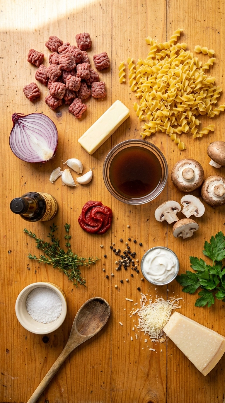 Ingredients for cozy beef noodle dinner