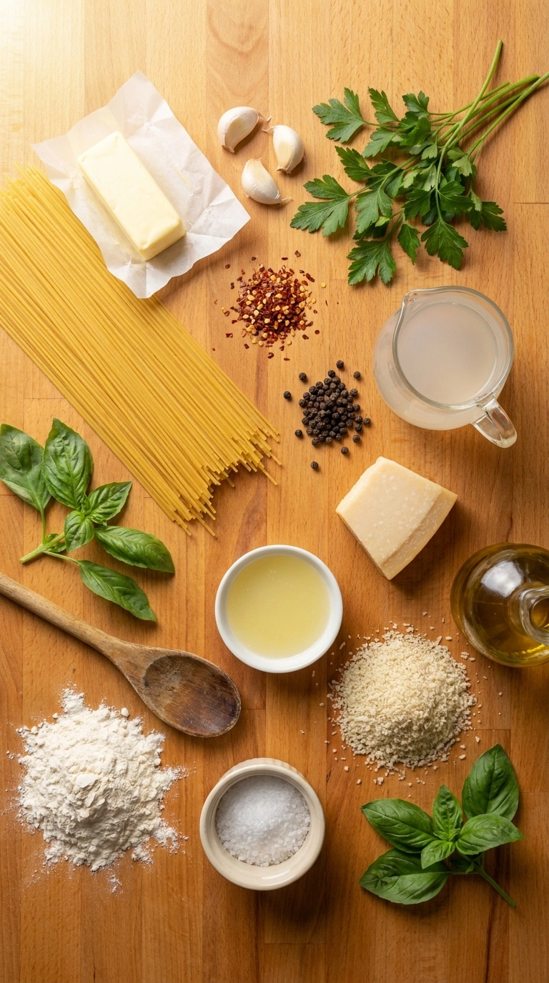 Ingredients for cozy garlic butter pasta