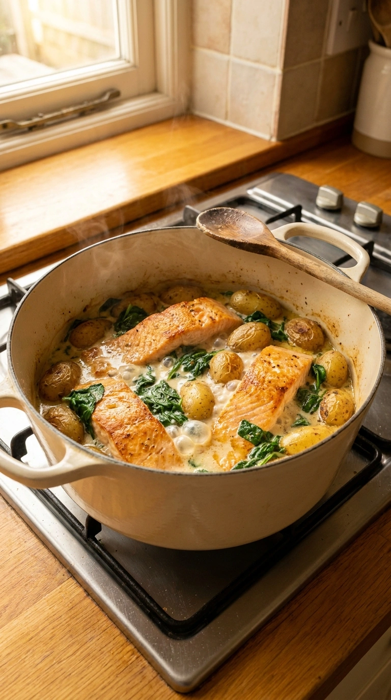 Cooking instructions for cozy salmon skillet dinner