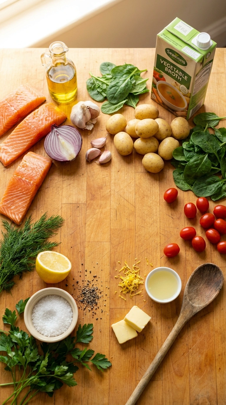 Ingredients for cozy salmon skillet dinner
