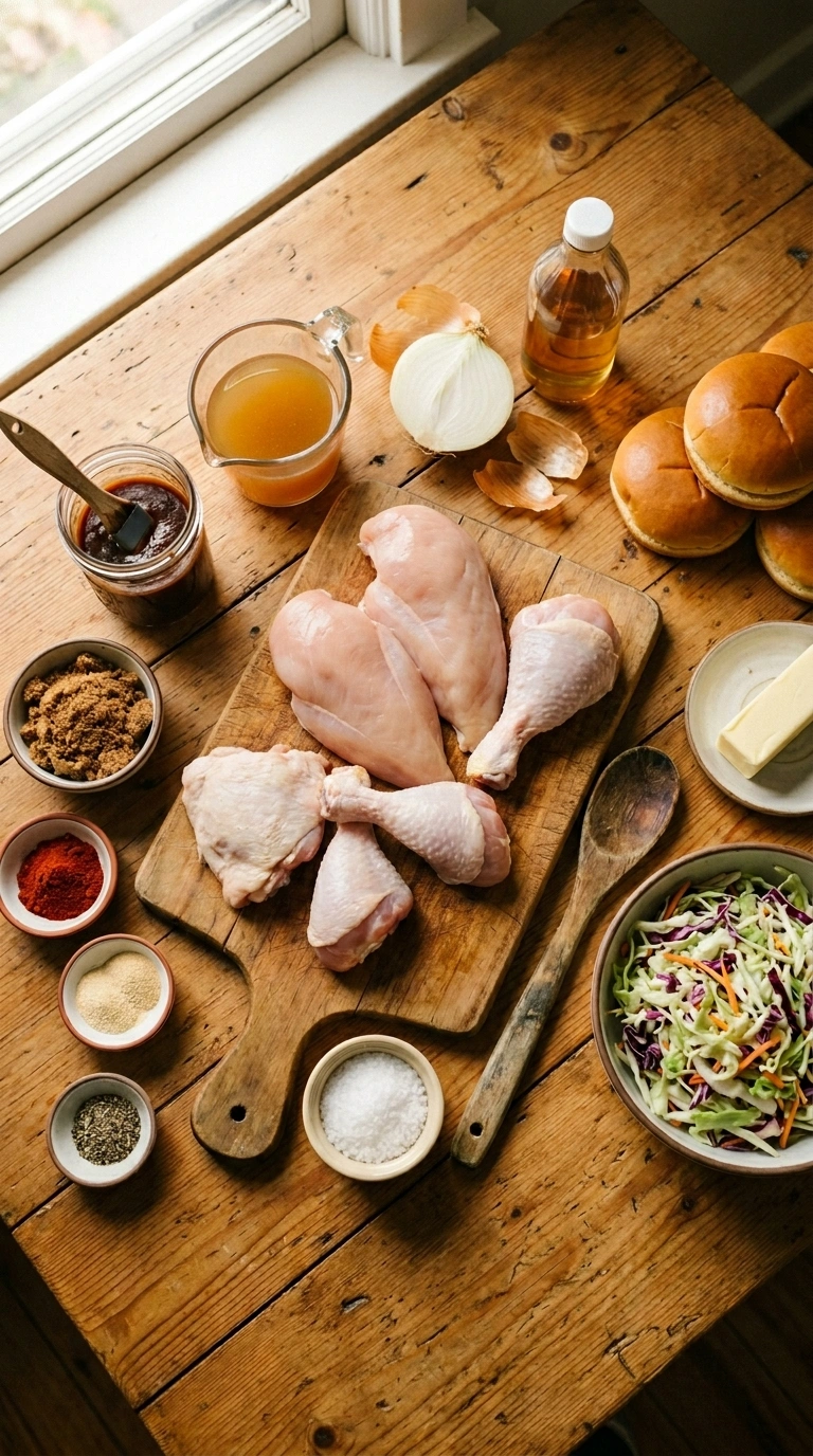 Ingredients for cozy labor day pulled chicken dinner