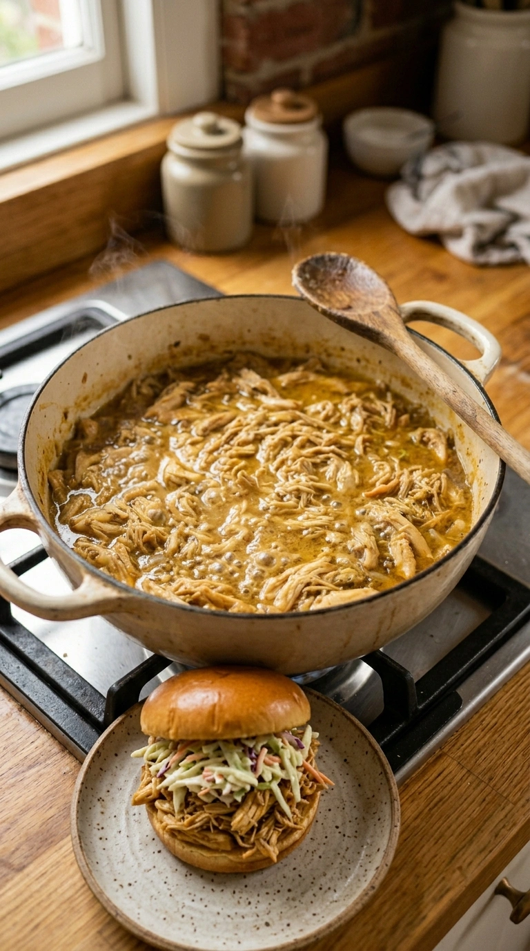 Cooking instructions for cozy labor day pulled chicken dinner
