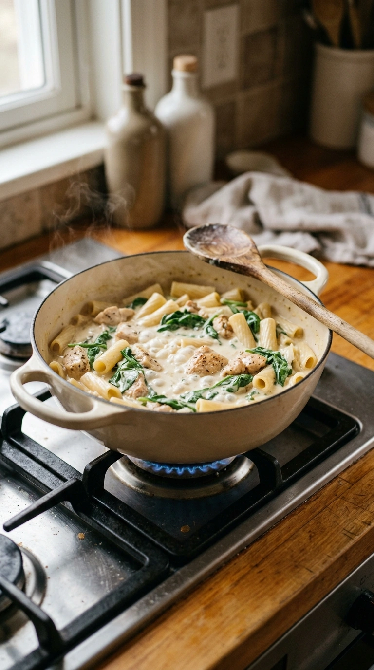 Cooking instructions for warm hearty creamy pasta