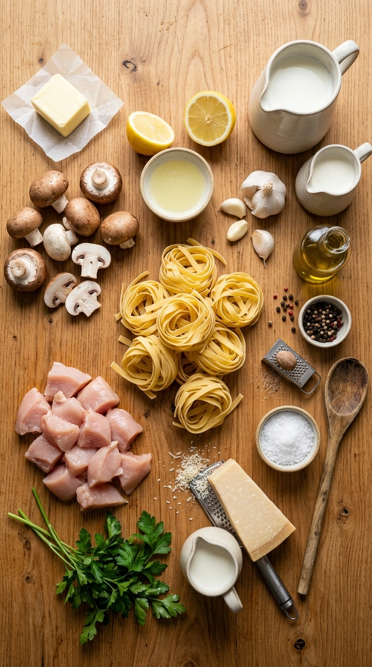 Ingredients for cozy chicken alfredo pasta