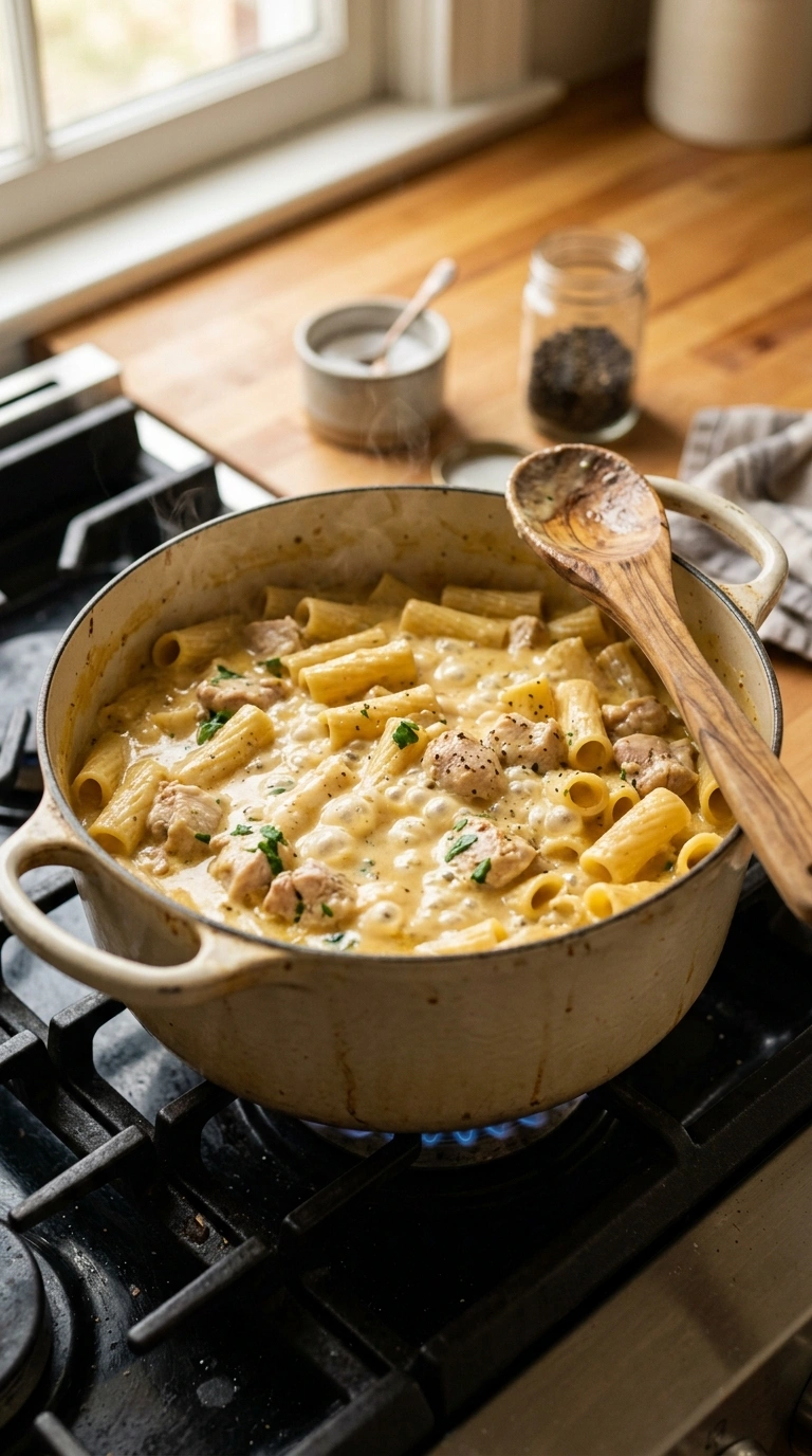 Cooking instructions for cozy chicken alfredo pasta