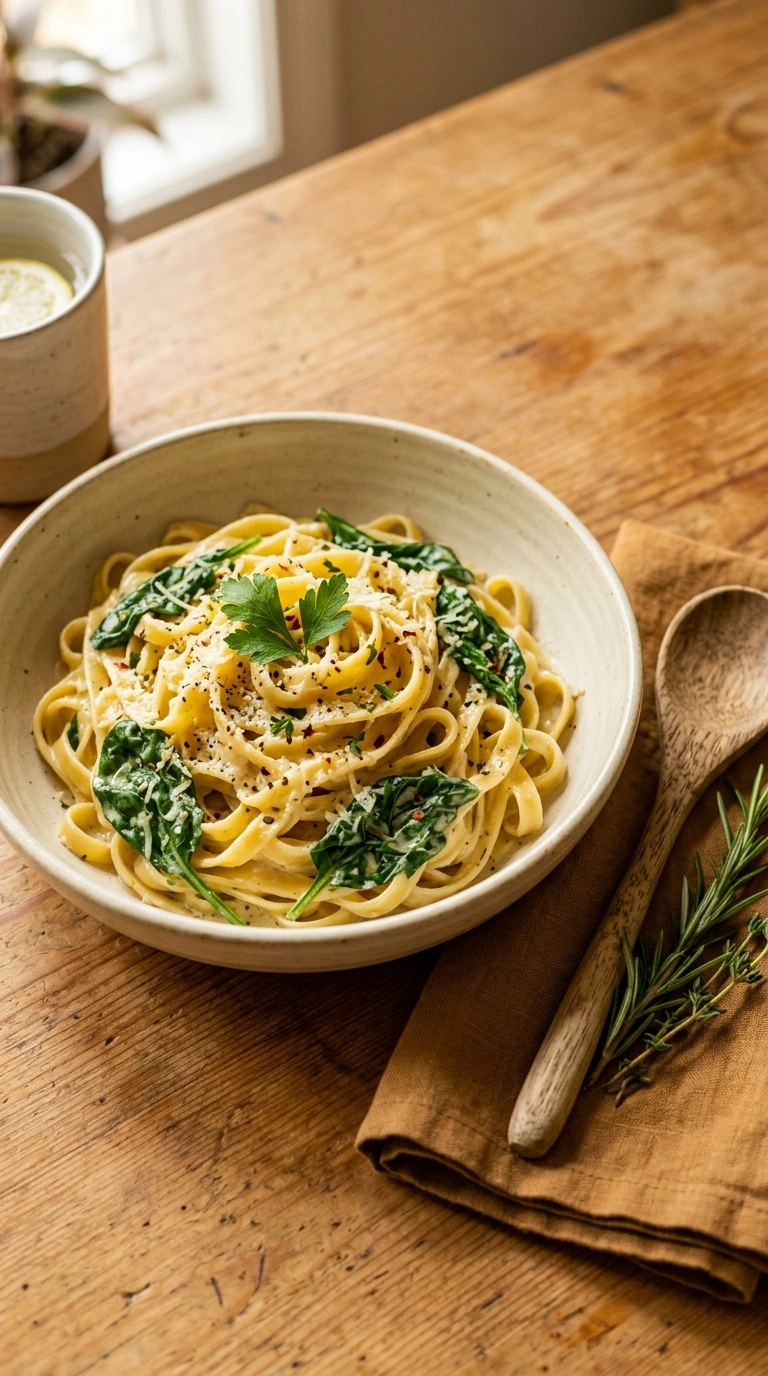 cozy creamy garlic pasta ready to serve