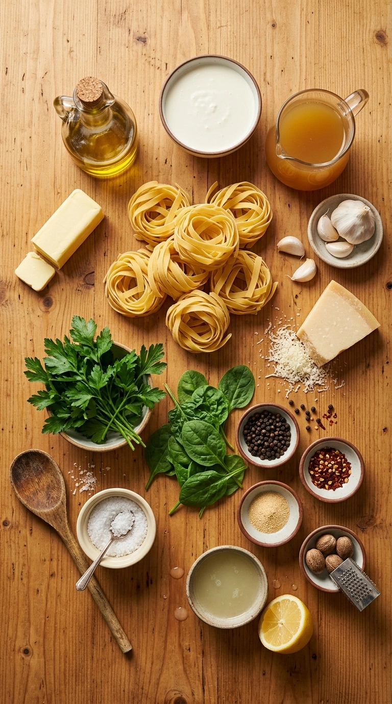Ingredients for cozy creamy garlic pasta
