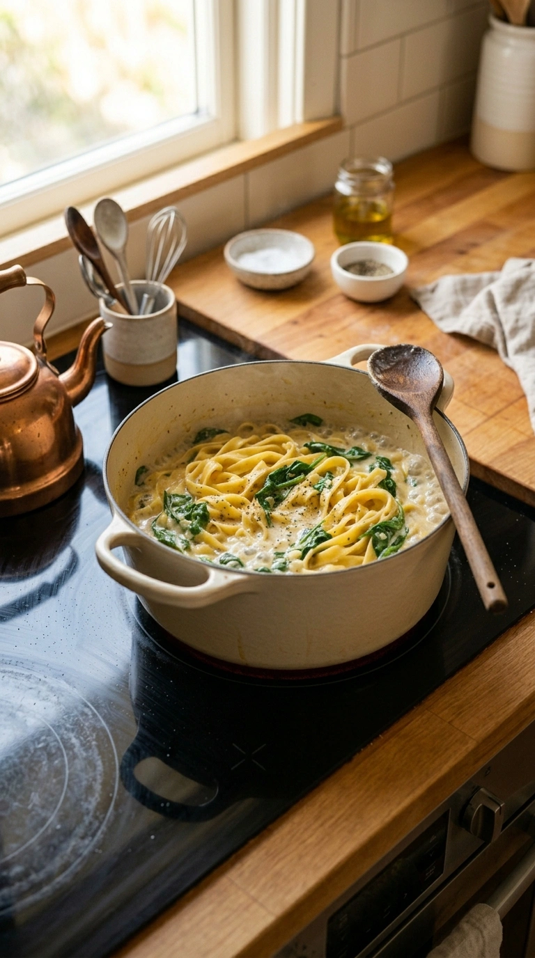Cooking instructions for cozy creamy garlic pasta