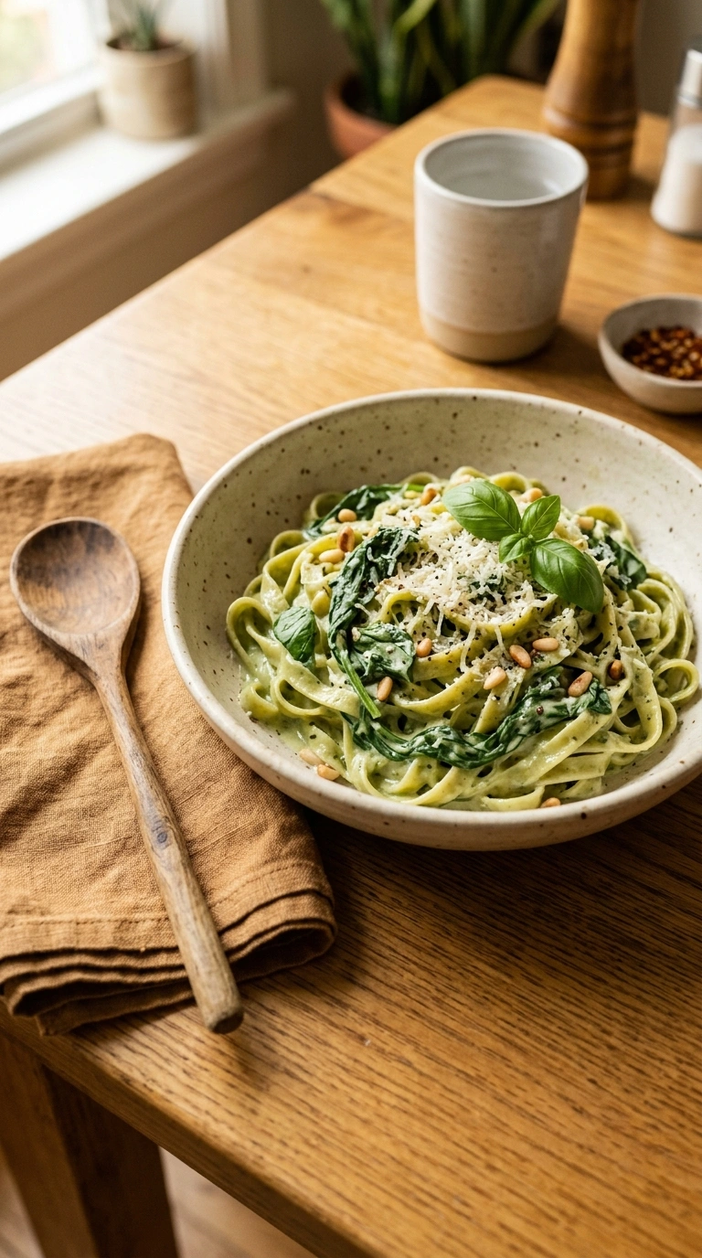 cozy creamy spinach pasta ready to serve