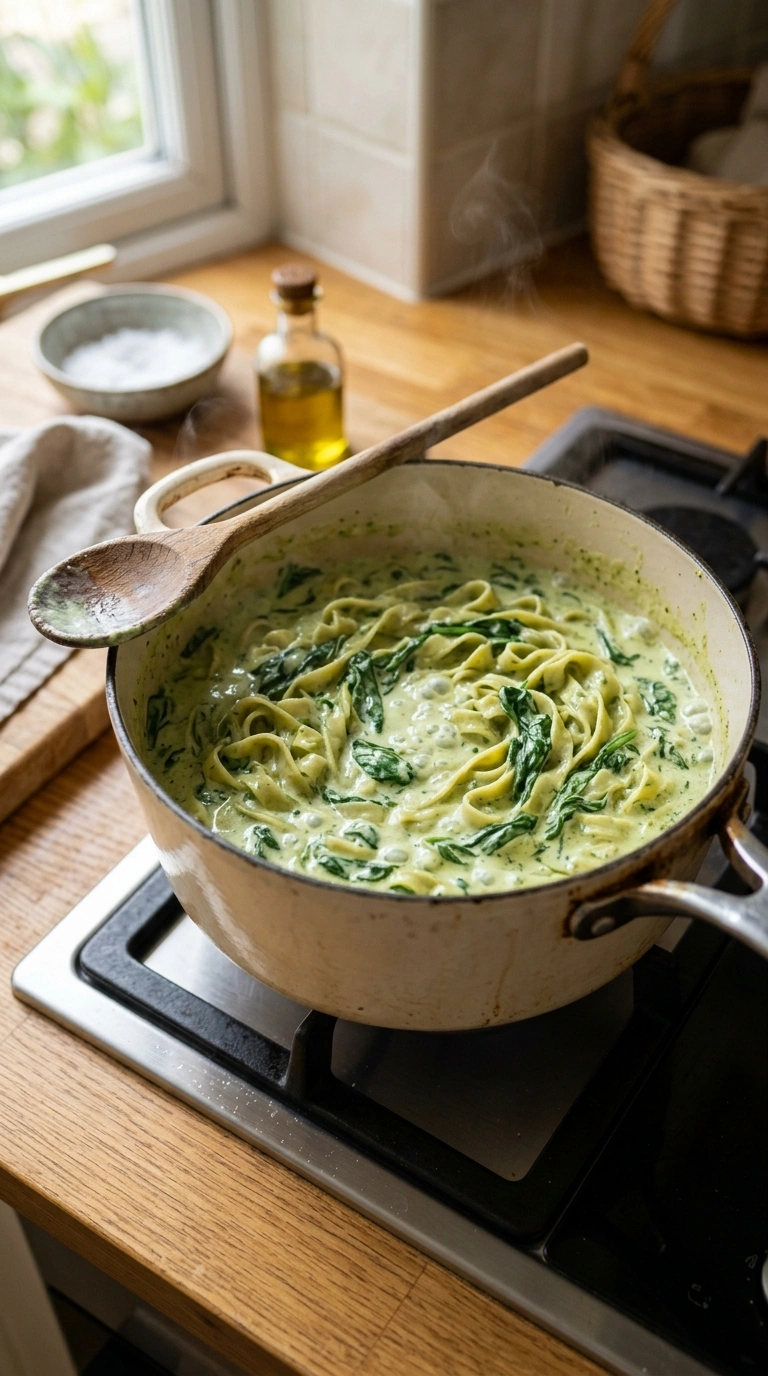 Cooking instructions for cozy creamy spinach pasta