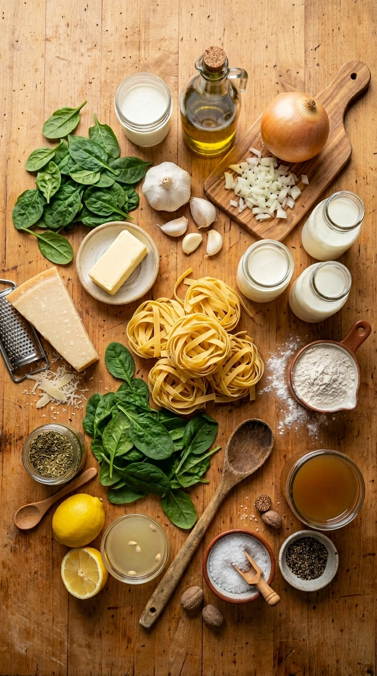 Ingredients for cozy creamy spinach pasta