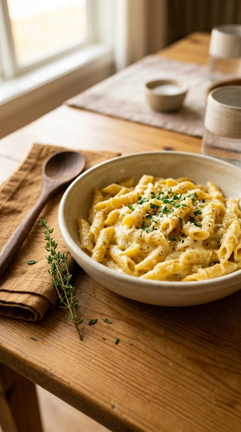 cozy four cheese pasta ready to serve