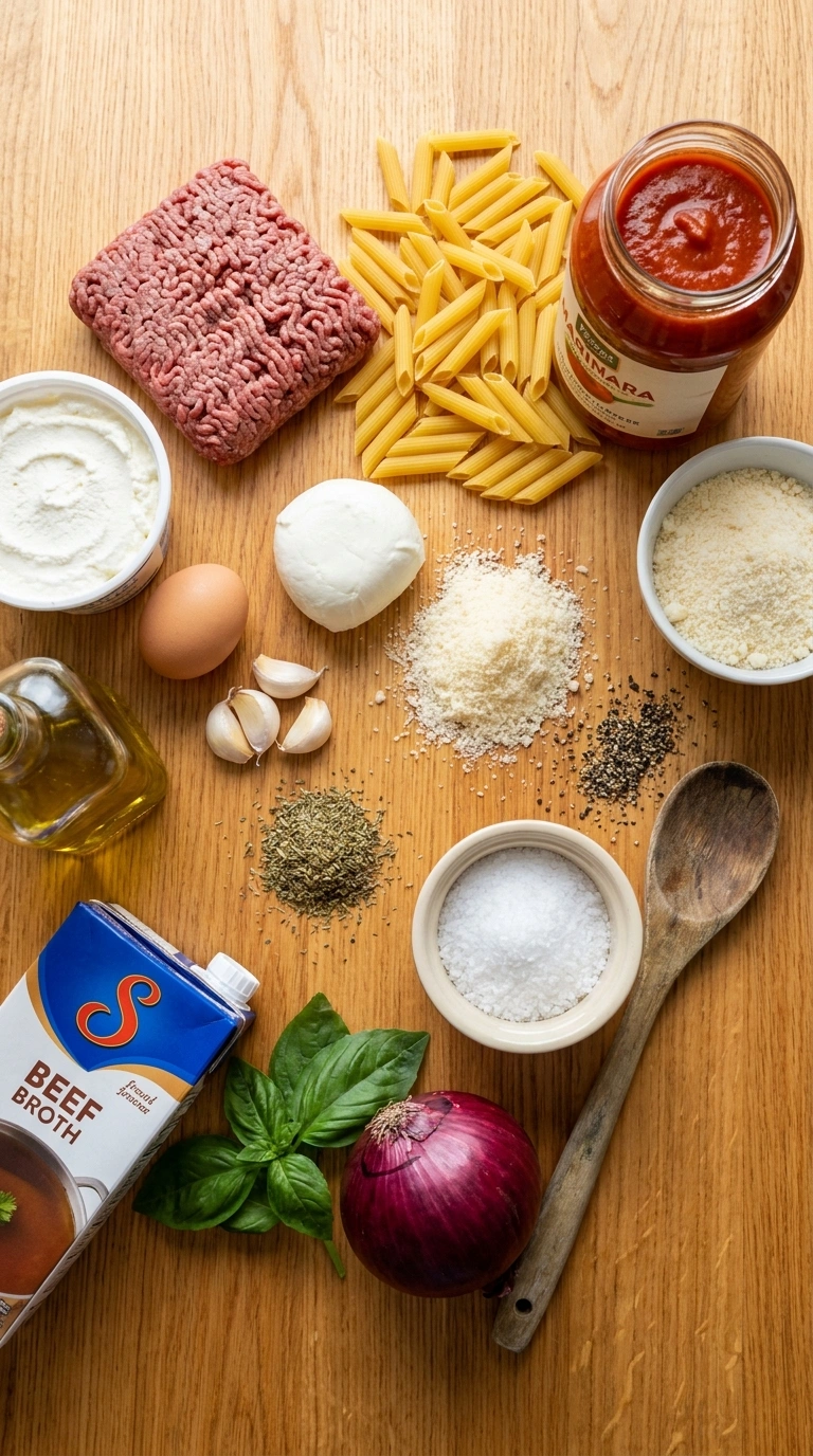 Ingredients for warm hearty baked pasta