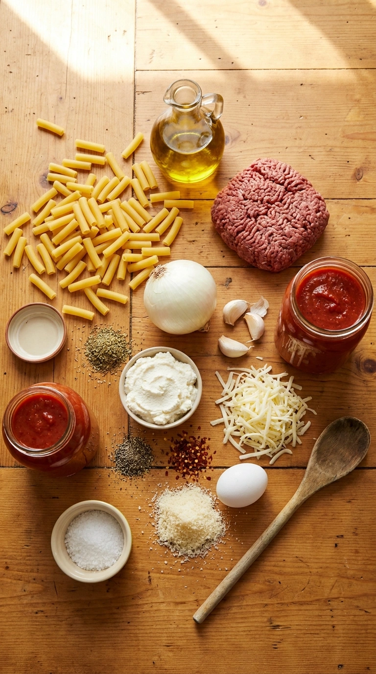Ingredients for cozy baked ziti pasta