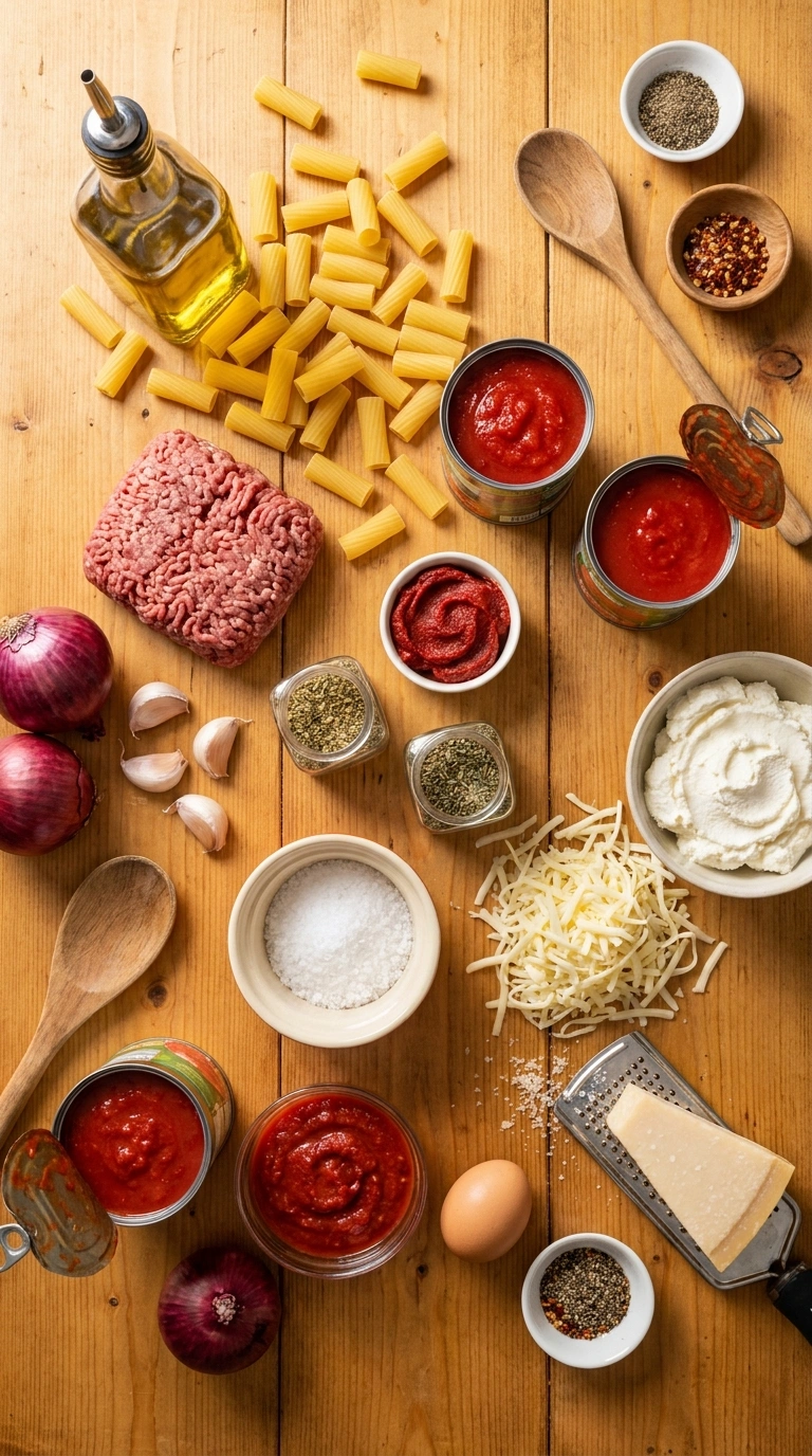 Ingredients for cozy baked rigatoni warm