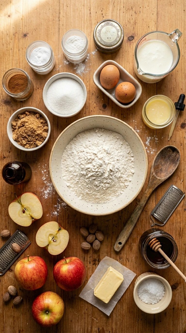Ingredients for cozy apple cinnamon pancakes back to school