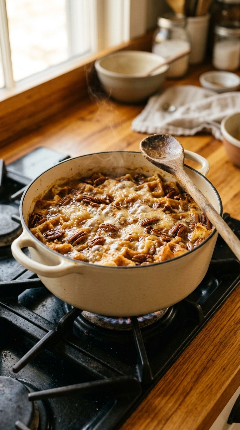 Cooking instructions for cozy pumpkin spice waffle bake