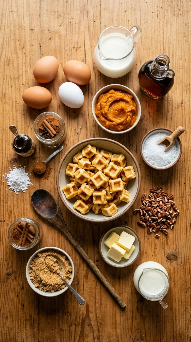 Ingredients for cozy pumpkin spice waffle bake