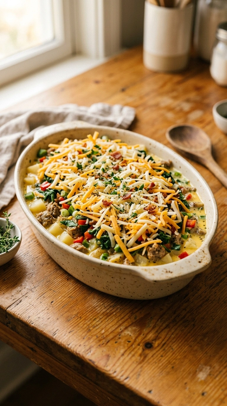 Cooking instructions for cozy savory egg bake brunch