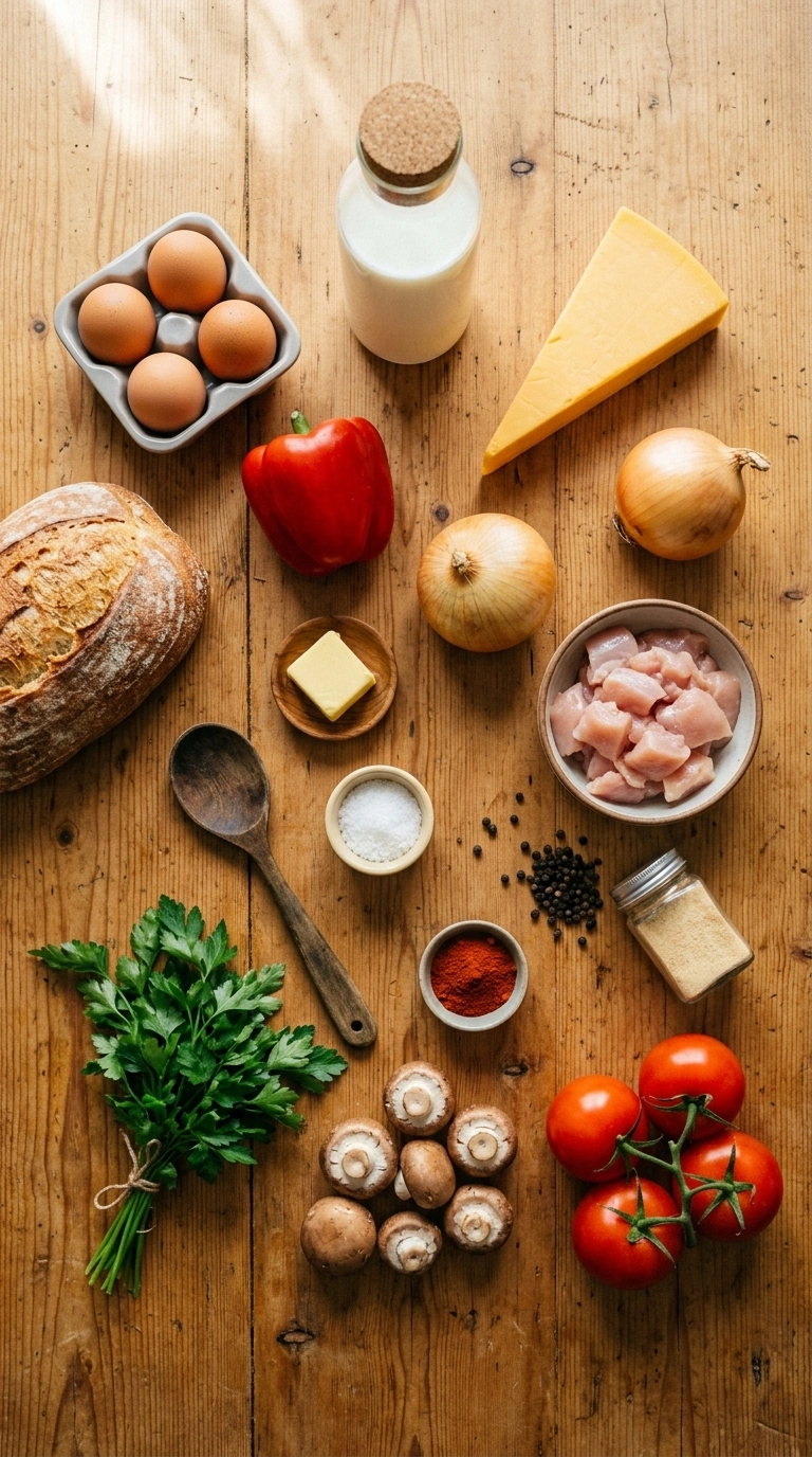 Ingredients for cozy savory egg bake brunch