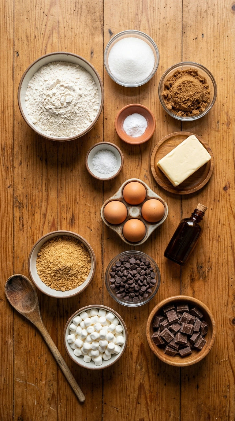 Ingredients for cozy s'mores cookies bars