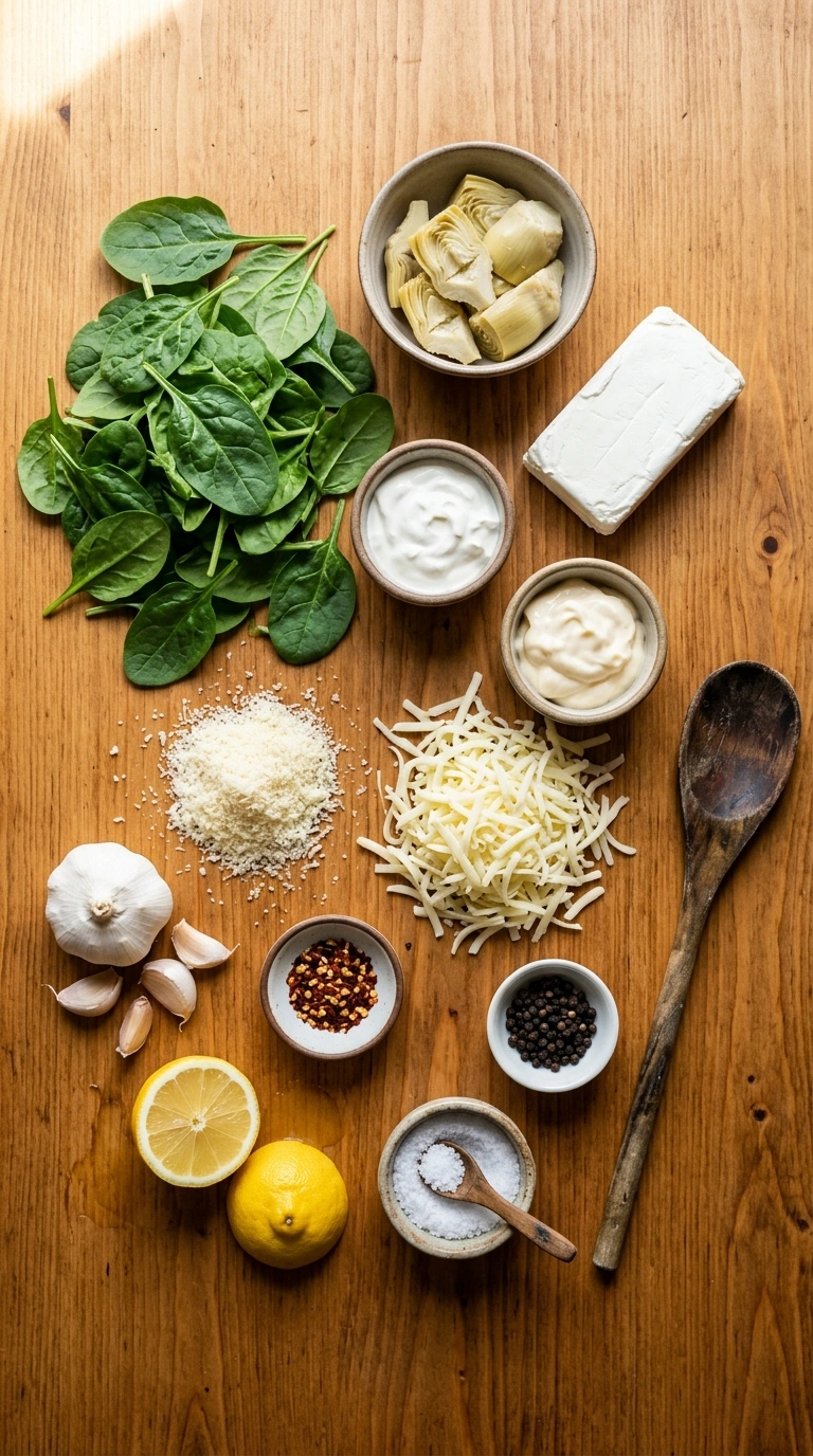 Ingredients for cozy spinach artichoke dip