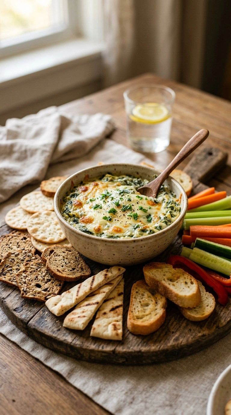 cozy spinach artichoke dip ready to serve