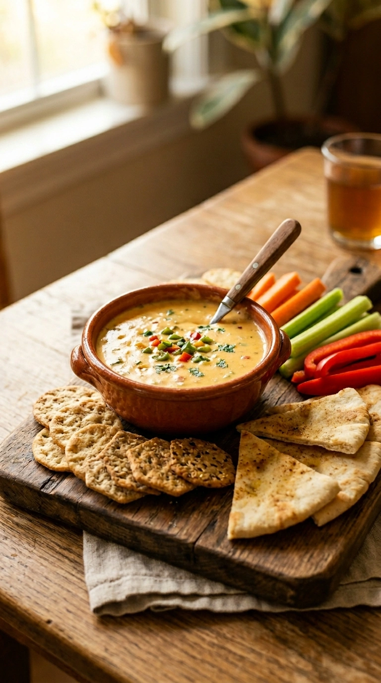 cozy queso dip ready to serve