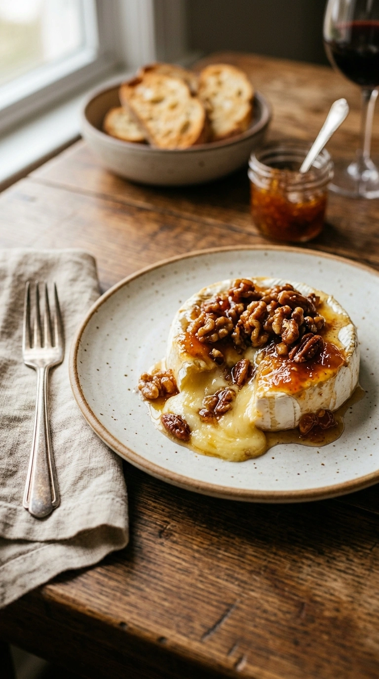 cozy baked brie ready to serve