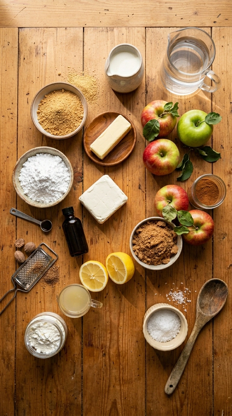 Ingredients for cozy no bake apple cinnamon cheesecake