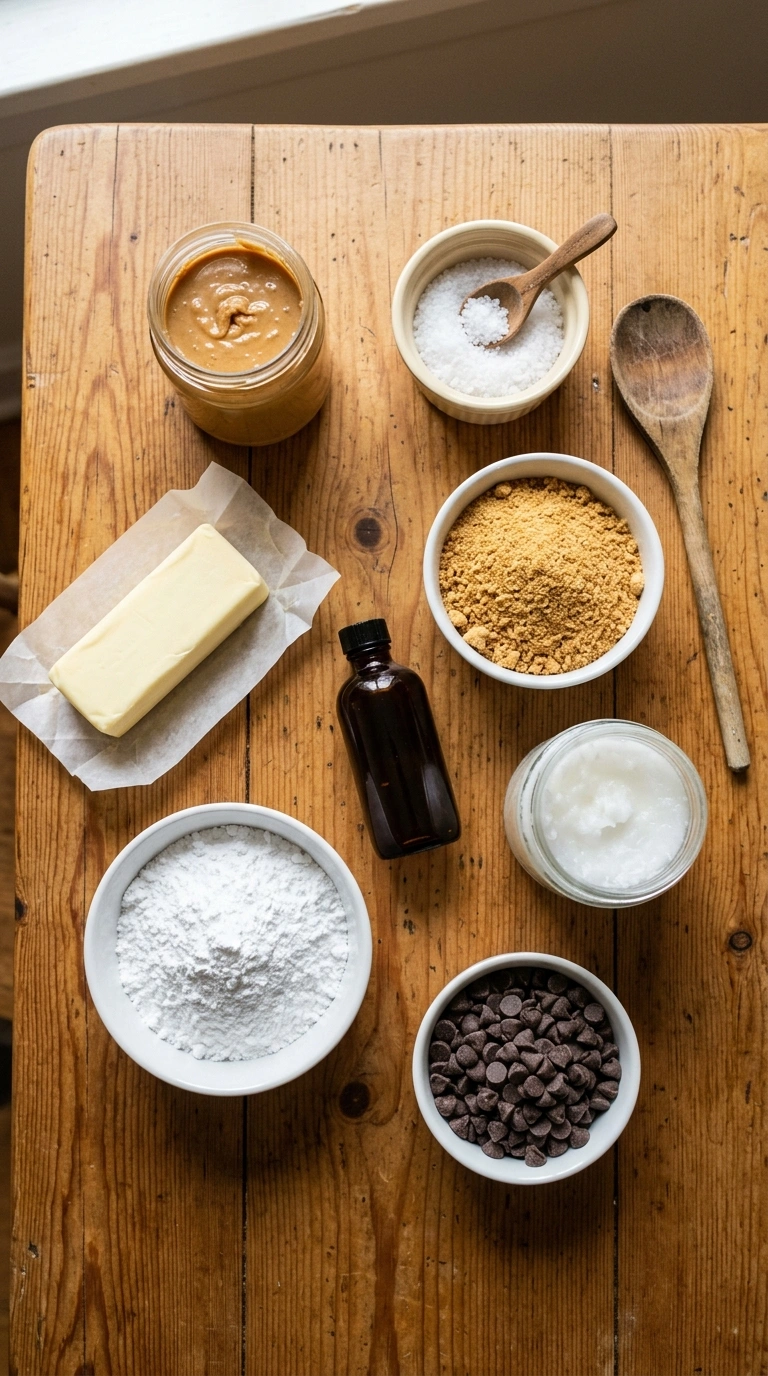 Ingredients for cozy no bake peanut butter bars