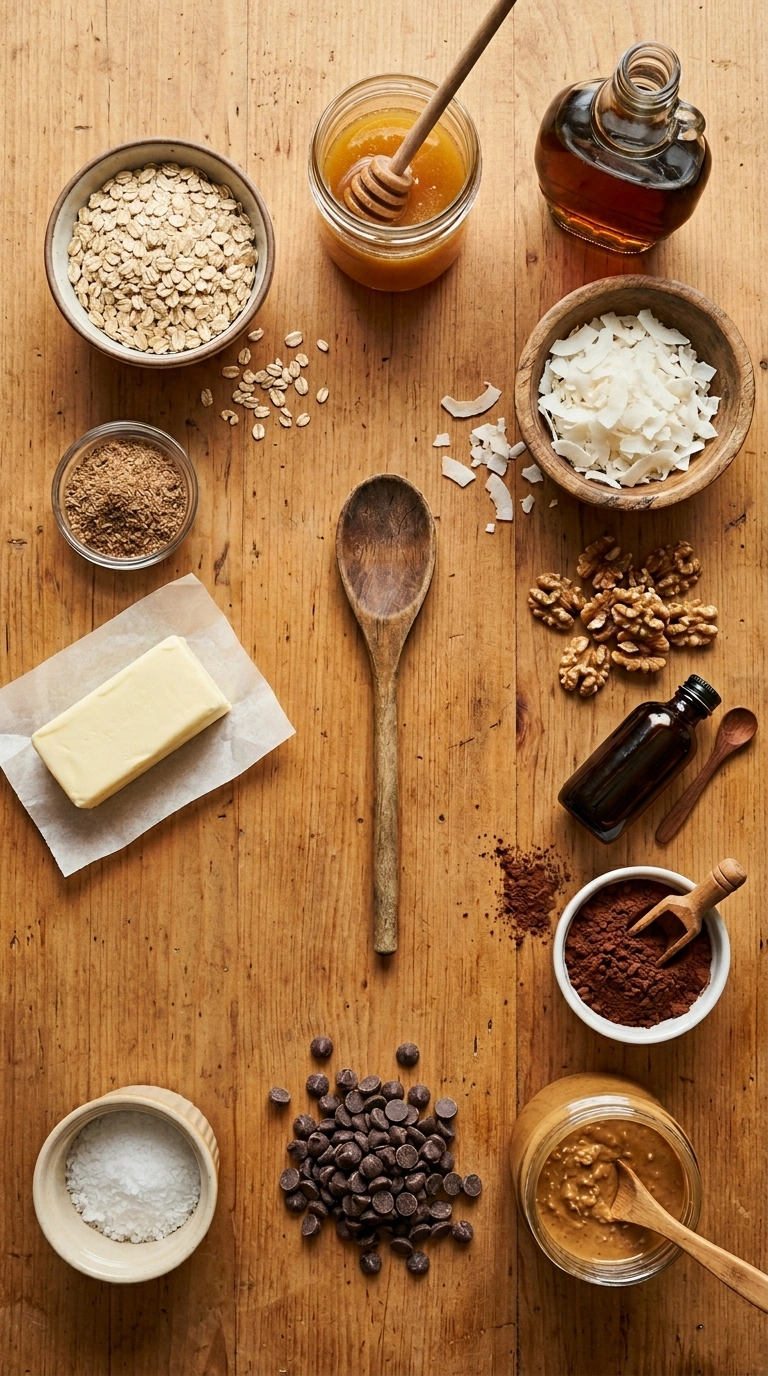 Ingredients for cozy no bake oatmeal bars
