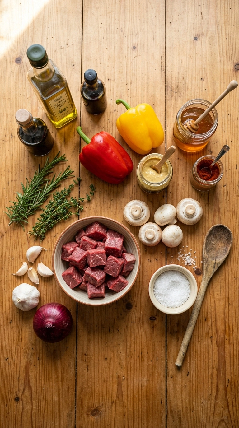 Ingredients for cozy labor day beef kebabs