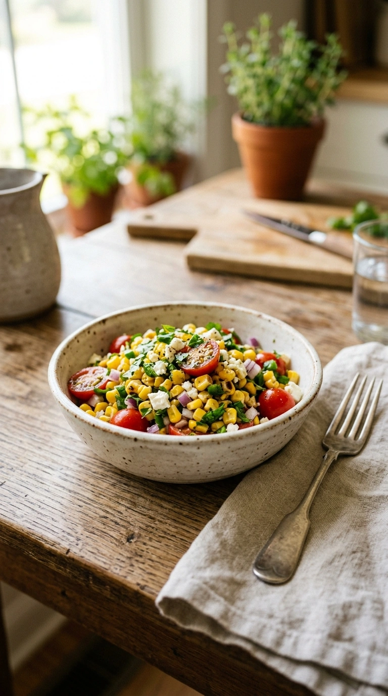 cozy tomato corn salad ready to serve