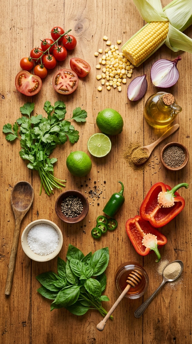Ingredients for cozy tomato corn salad