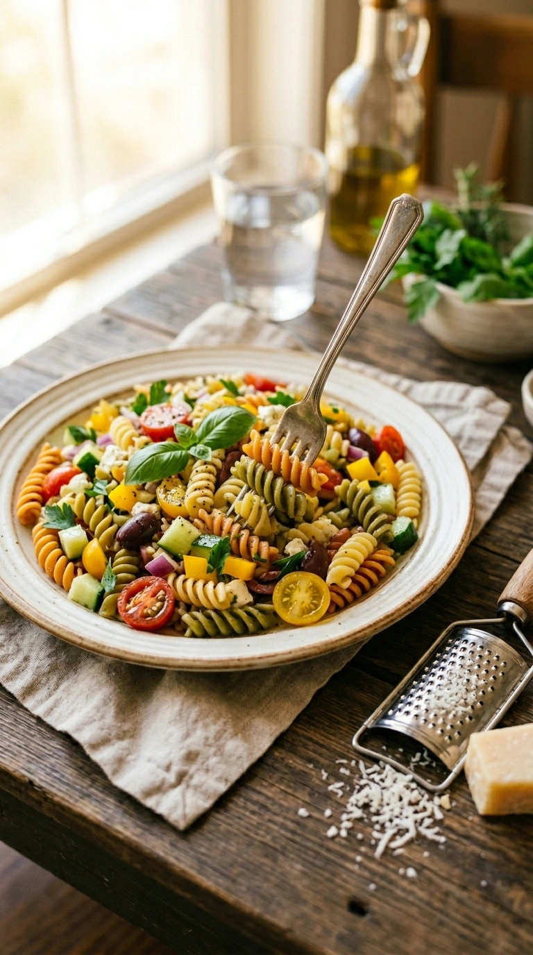 cozy pasta salad summer ready to serve