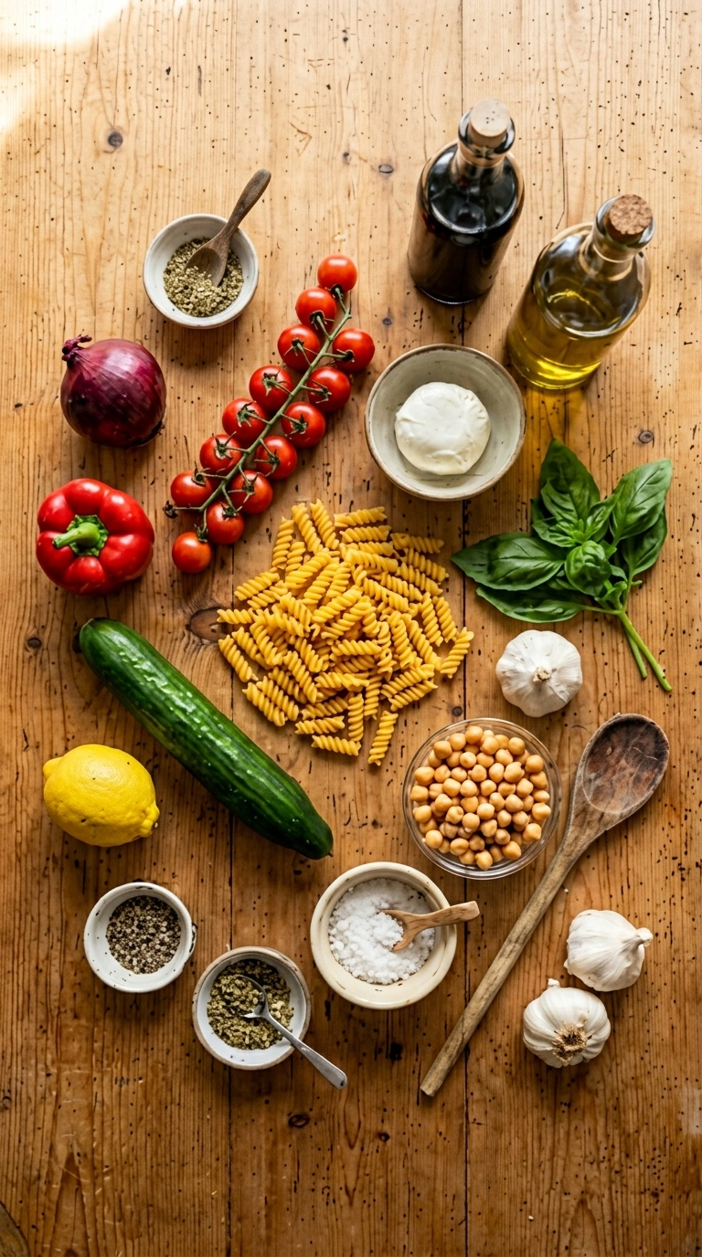 Ingredients for cozy pasta salad summer