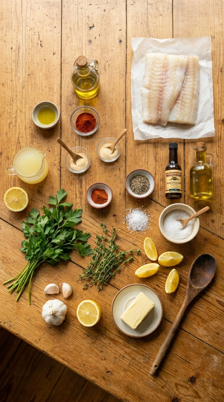 Ingredients for smoky tender grilled cod recipe