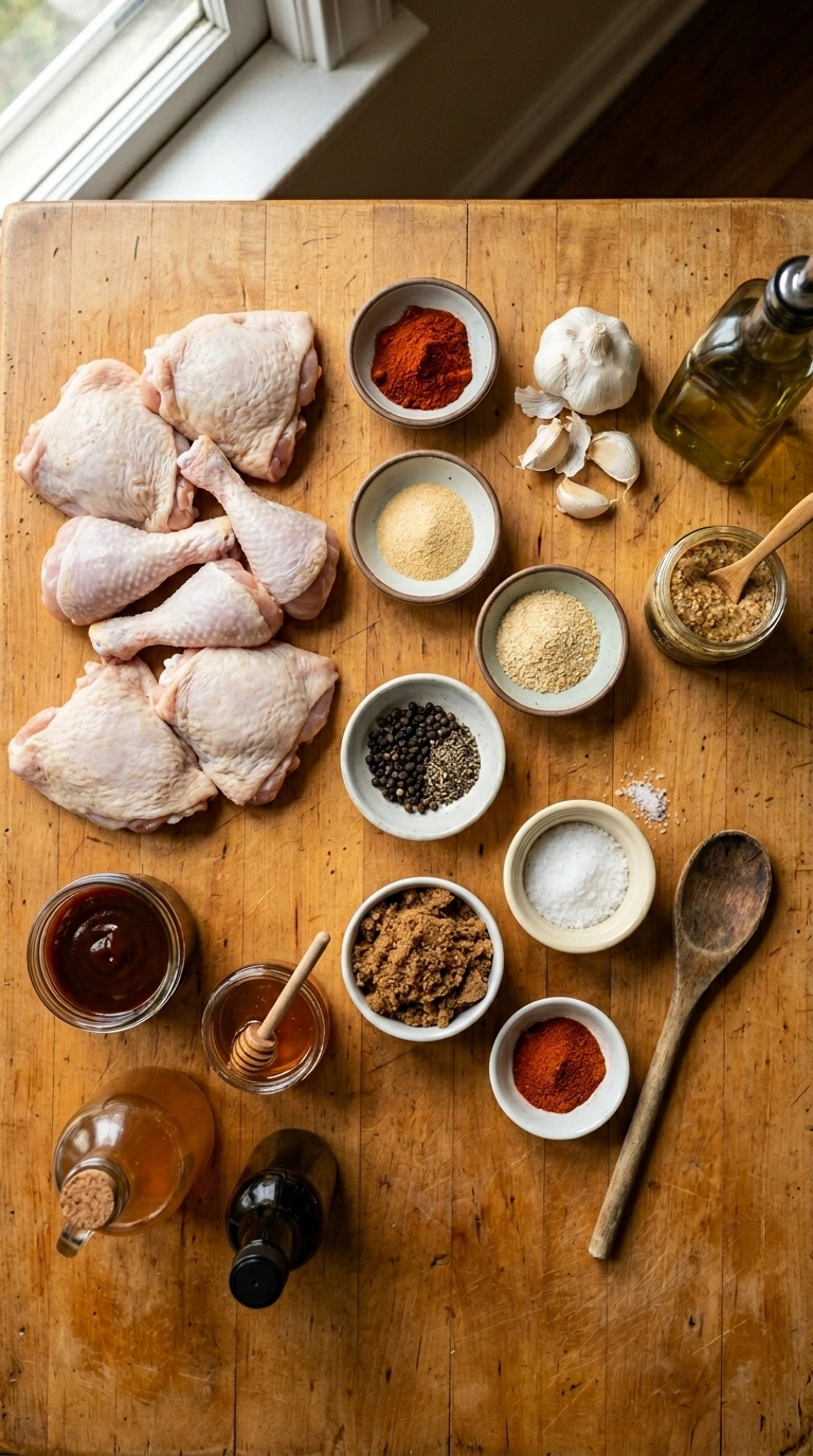 Ingredients for sticky tailgate grilled BBQ chicken thighs