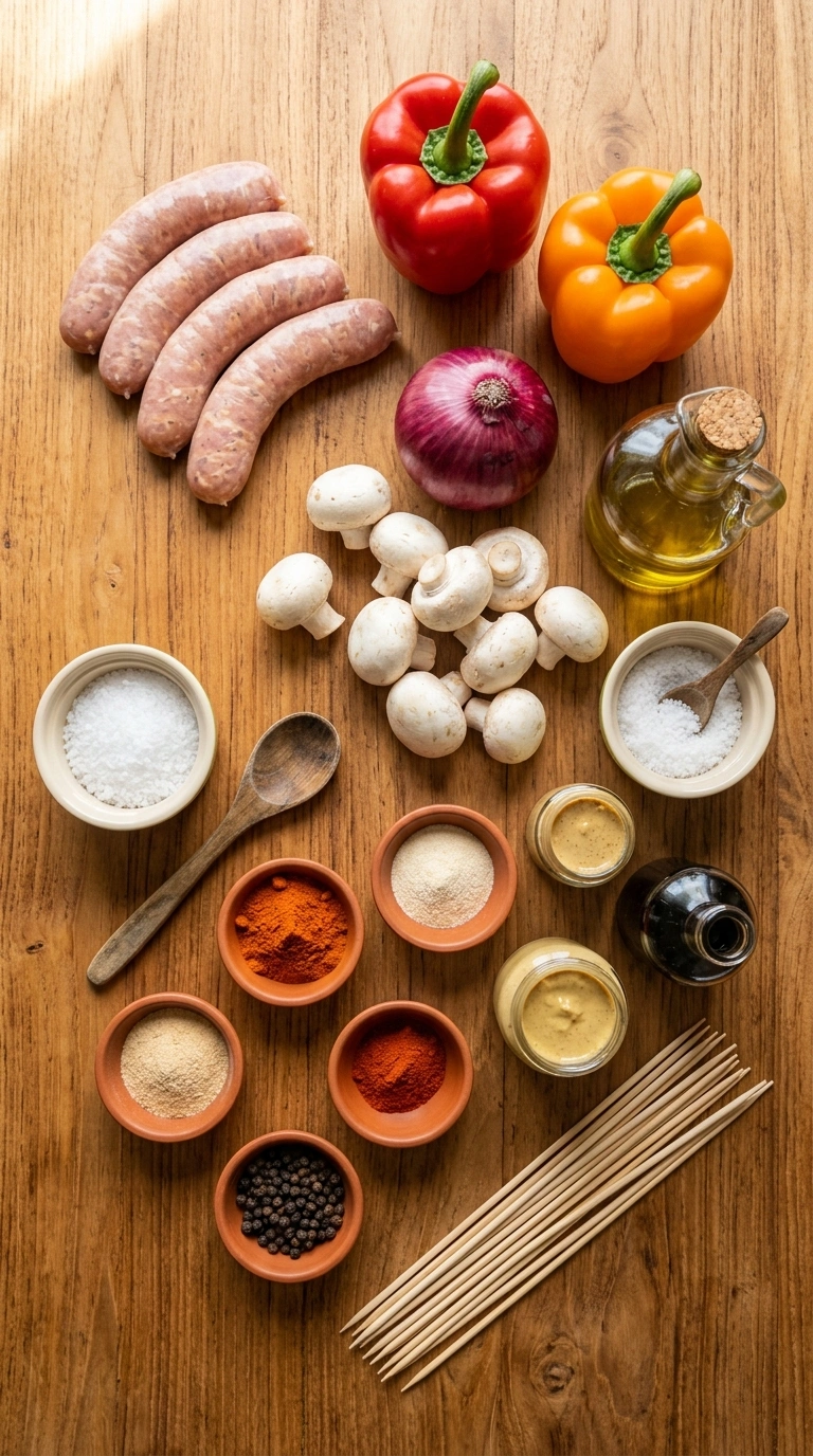 Ingredients for smoky tailgate grilled sausage skewers